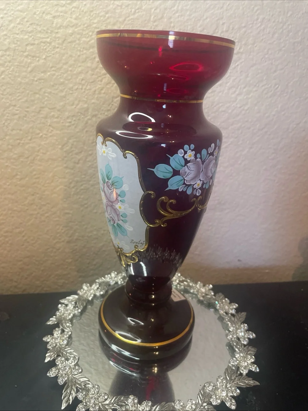 Gorgeous Bohemian Czech Republic Gilted Cranberry Glass 9” Royal Vase